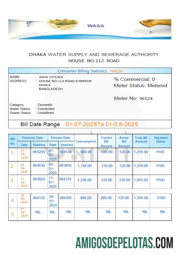 realista Modelo de conta de serviços públicos da autoridade de abastecimento de água e esgoto de Bangladesh Dhaka em formatos Word e PDF